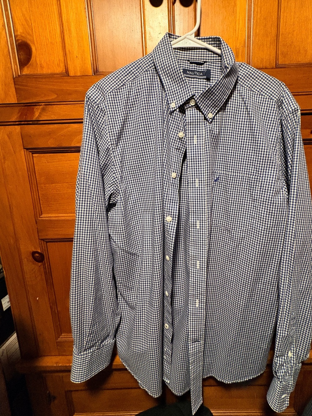 Nautica Men’s Blue and White Gingham Button-Down Shirt